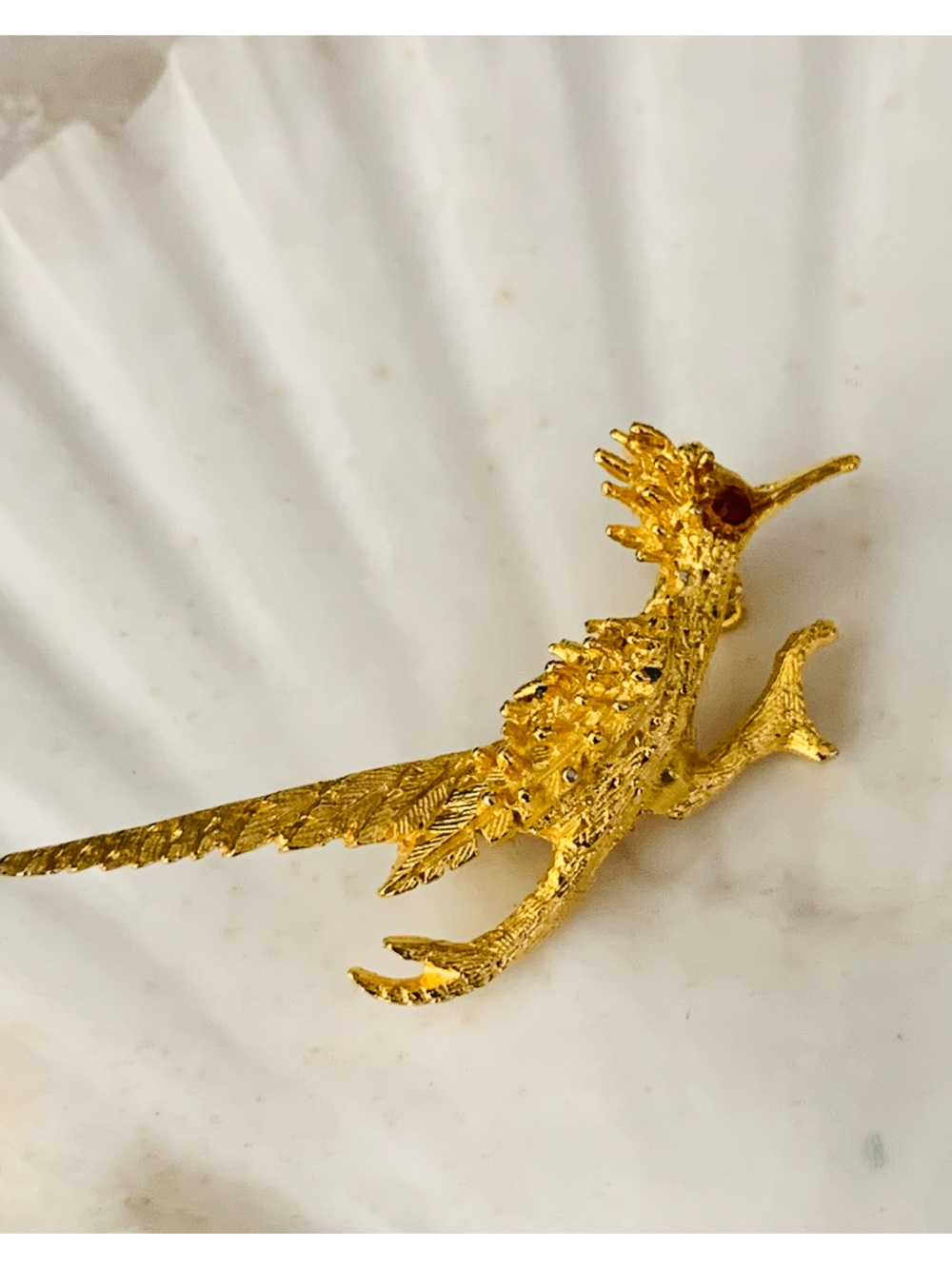 Gold-Tone Roadrunner Bird Brooch with Red Eye Accent